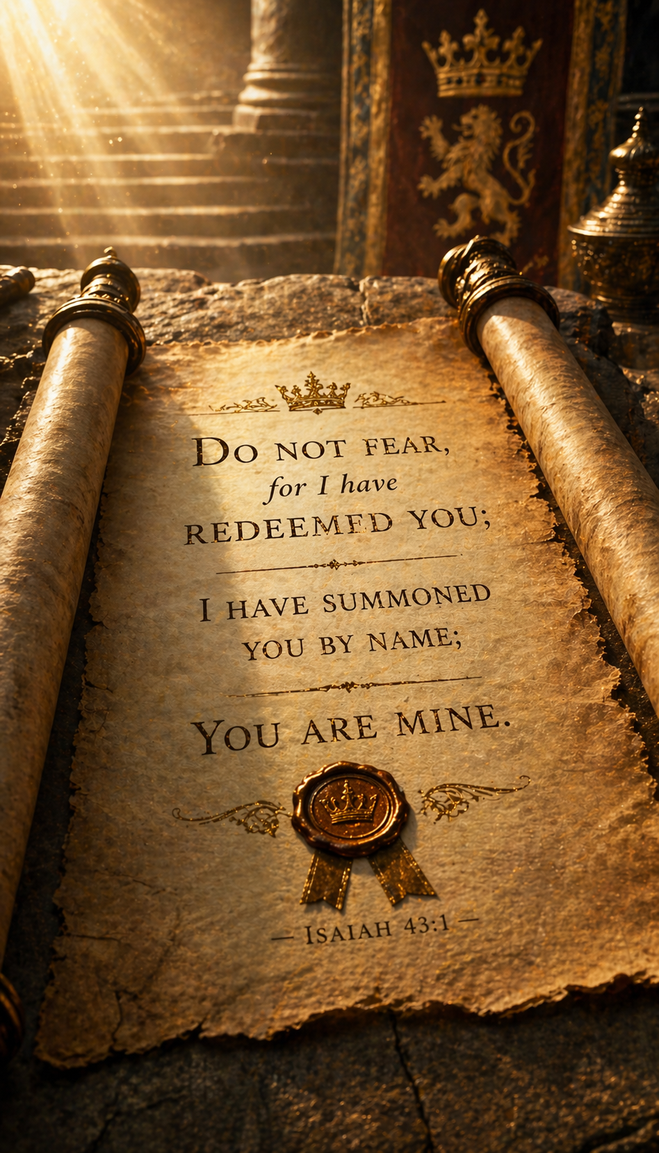 Isaiah 43:1 phone wallpaper scroll with golden light from above on stone table - I have redeemed you